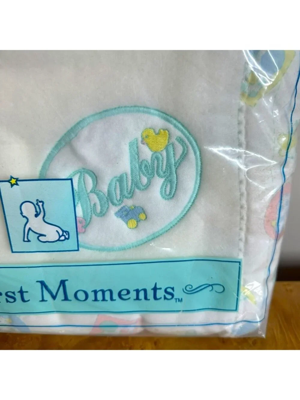 NOS Vintage First Moments Baby Blanket Blue White Embroidered Acrylic New Boy
